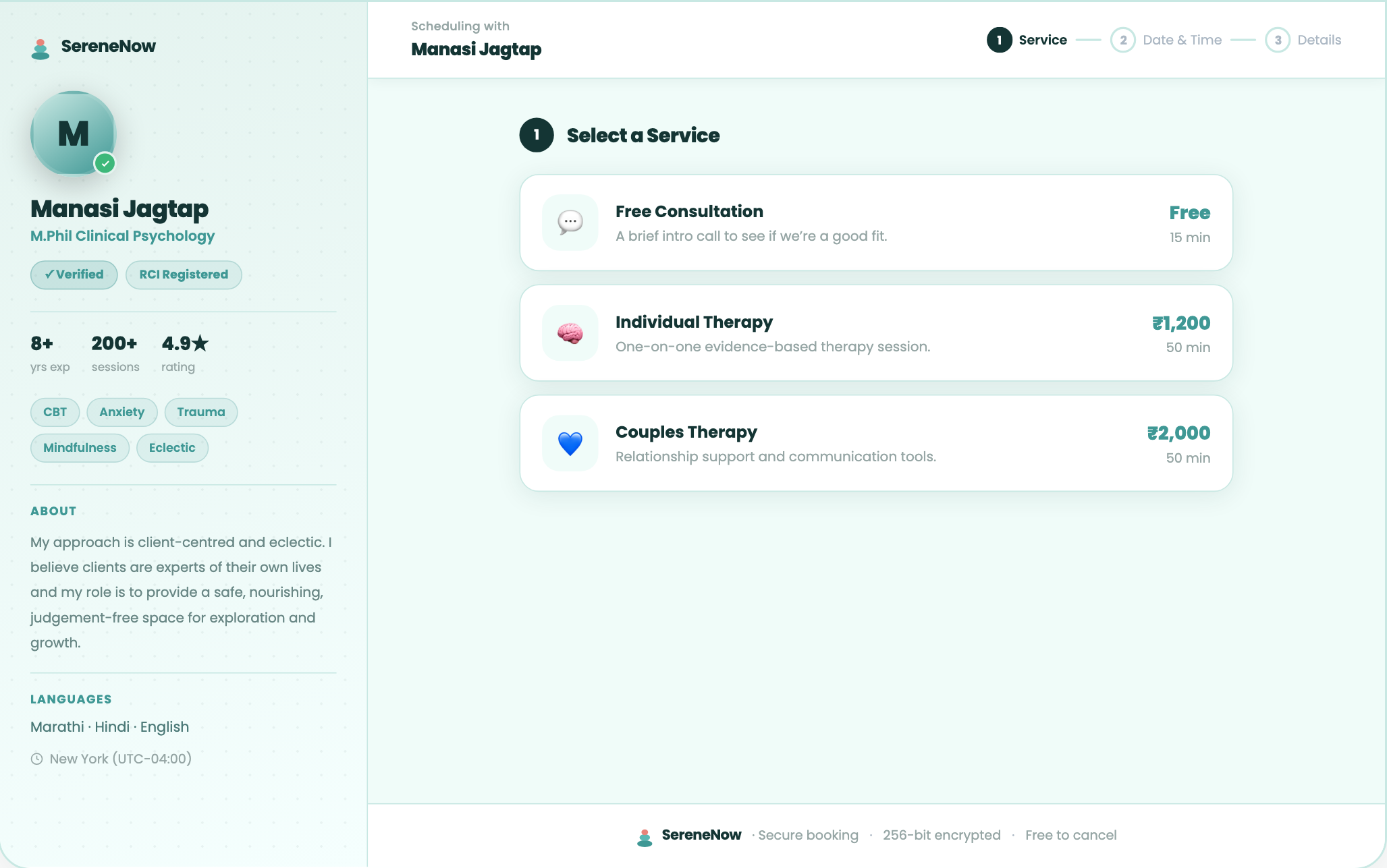 A therapist's public booking page with services and free slots